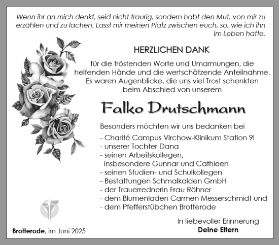 Traueranzeige von Falko Drutschmann von Südthüringer Presse