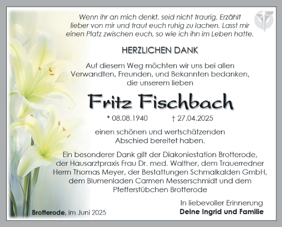 Traueranzeige von Fritz Fischbach von Südthüringer Presse