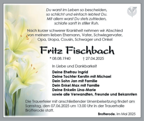 Traueranzeige von Fritz Fischbach von Südthüringer Presse