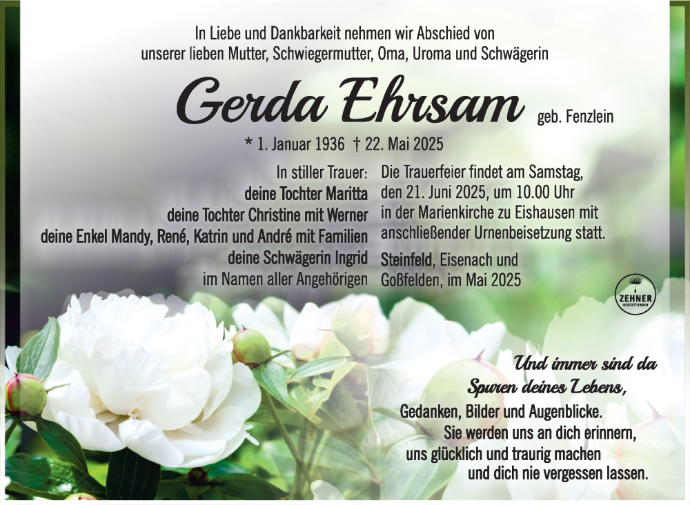  Traueranzeige für Gerda Ehrsam vom 07.06.2025 aus Südthüringer Presse
