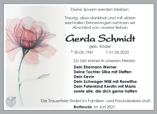 Traueranzeige von Gerda Schmidt von Südthüringer Presse