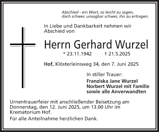 Traueranzeige von Gerhard Wurzel von Frankenpost