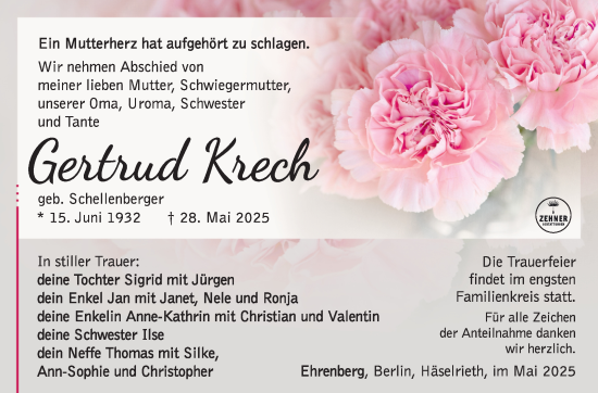 Traueranzeige von Gertrud Krech von Südthüringer Presse