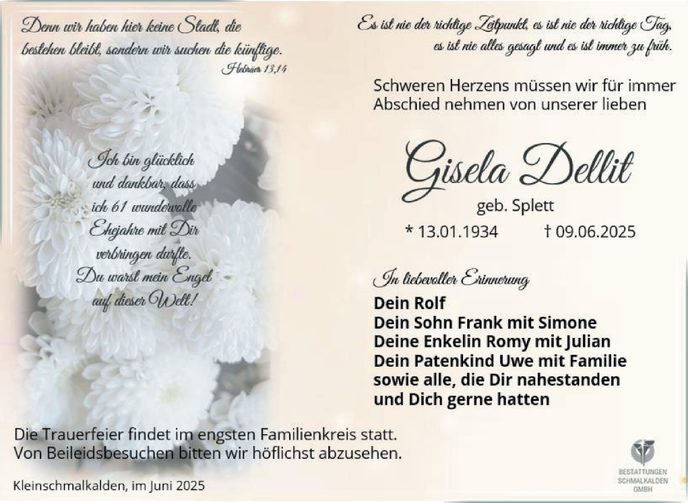  Traueranzeige für Gisela Dellit vom 21.06.2025 aus Südthüringer Presse