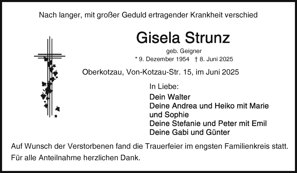  Traueranzeige für Gisela Strunz vom 28.06.2025 aus Frankenpost