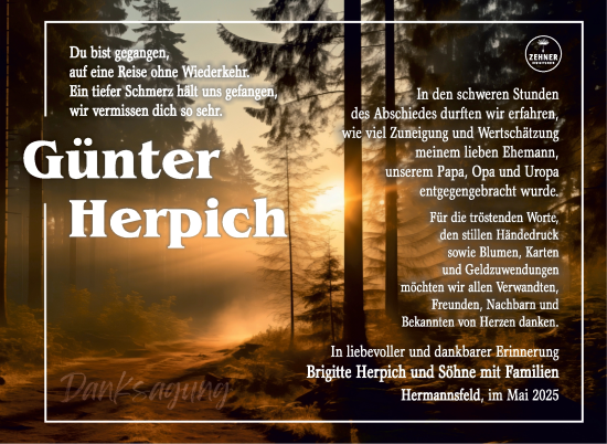 Traueranzeige von Günther Herpich von Südthüringer Presse