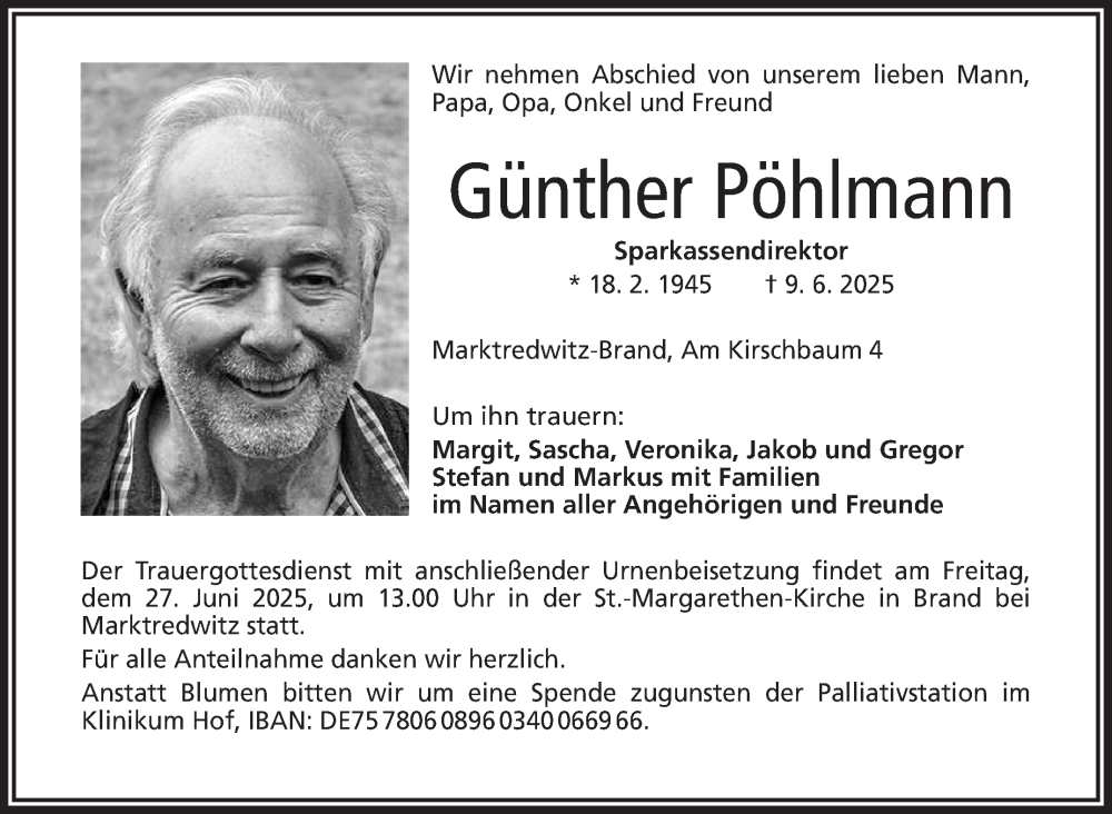  Traueranzeige für Günther Pöhlmann vom 21.06.2025 aus Frankenpost