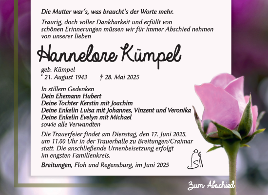 Traueranzeige von Hannelore Kümpel von Südthüringer Presse
