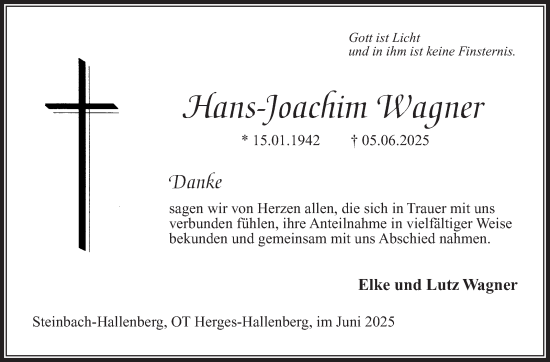 Traueranzeige von Hans-Joachim Wagner von Südthüringer Presse