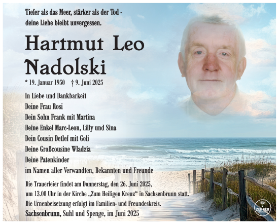 Traueranzeige von Hartmut Nadolski von Südthüringer Presse