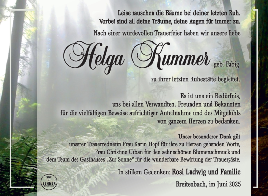 Traueranzeige von Helga Kummer von Südthüringer Presse
