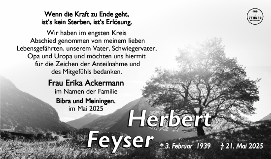 Traueranzeige von Herbert Feyser von Südthüringer Presse