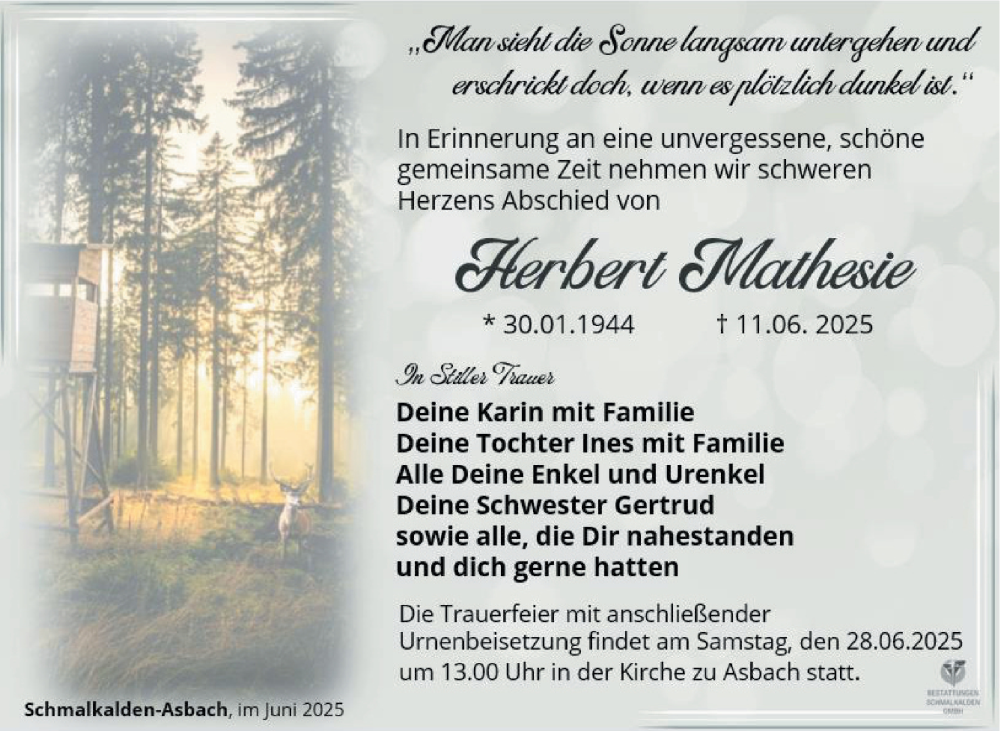  Traueranzeige für Herbert Mathesie vom 21.06.2025 aus Südthüringer Presse
