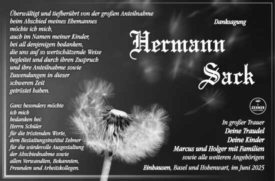 Traueranzeige von Hermann Sack von Südthüringer Presse