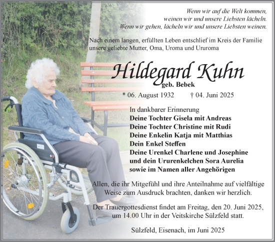 Traueranzeige von Hildegard Kuhn von Südthüringer Presse
