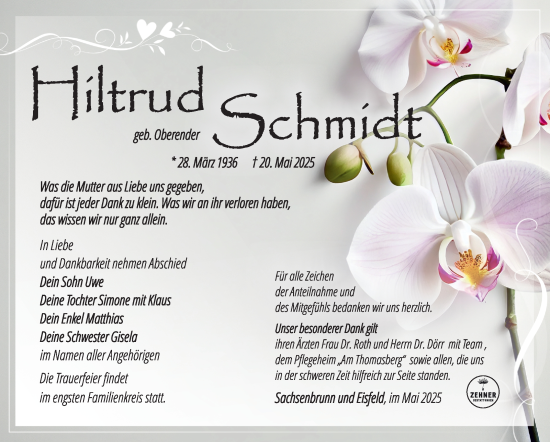 Traueranzeige von Hiltrud Schmidt von Südthüringer Presse