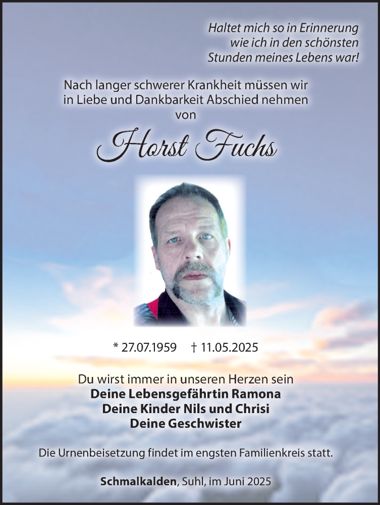  Traueranzeige für Horst Fuchs vom 07.06.2025 aus Südthüringer Presse