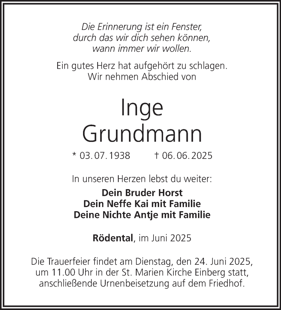  Traueranzeige für Inge Grundmann vom 21.06.2025 aus Neue Presse Coburg