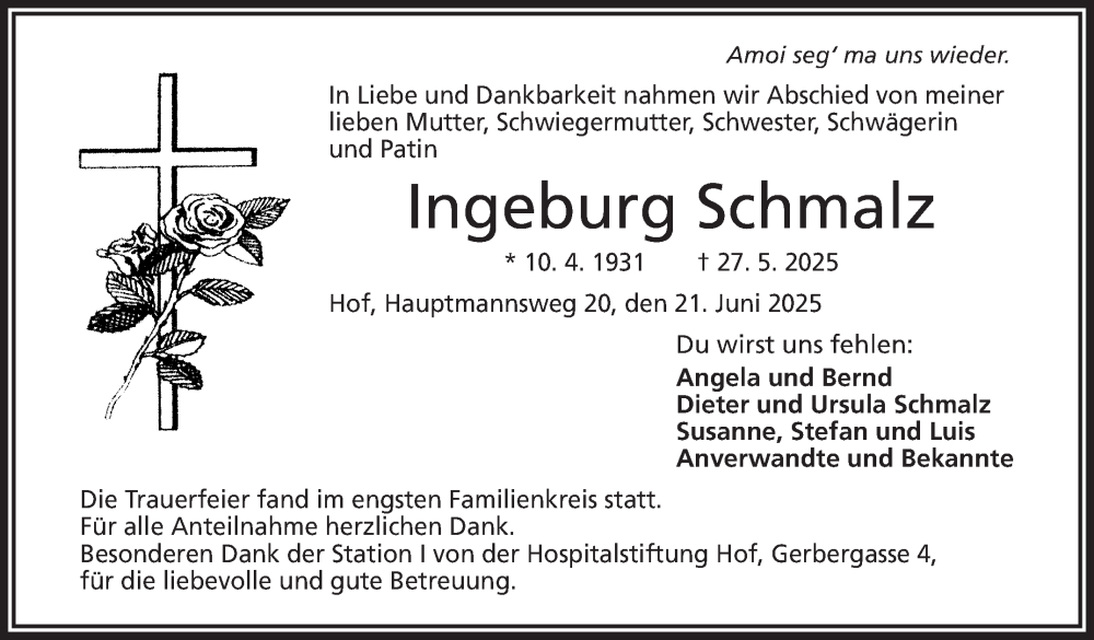  Traueranzeige für Ingeburg Schmalz vom 21.06.2025 aus Frankenpost