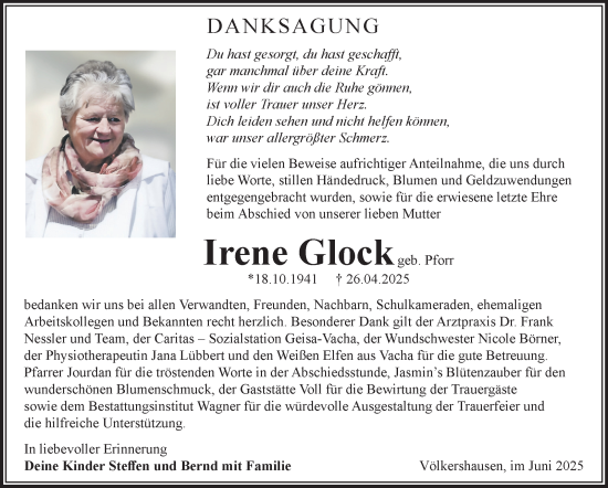 Traueranzeige von Irene Glock von Südthüringer Presse