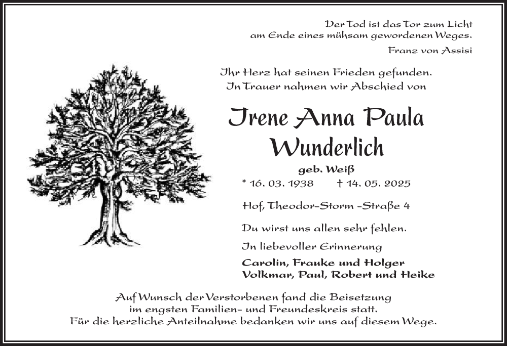  Traueranzeige für Irene Anna Paula Wunderlich vom 07.06.2025 aus Frankenpost
