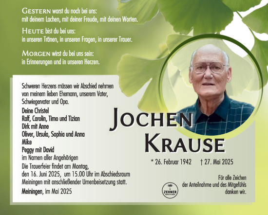 Traueranzeige von Jochen Krause von Südthüringer Presse