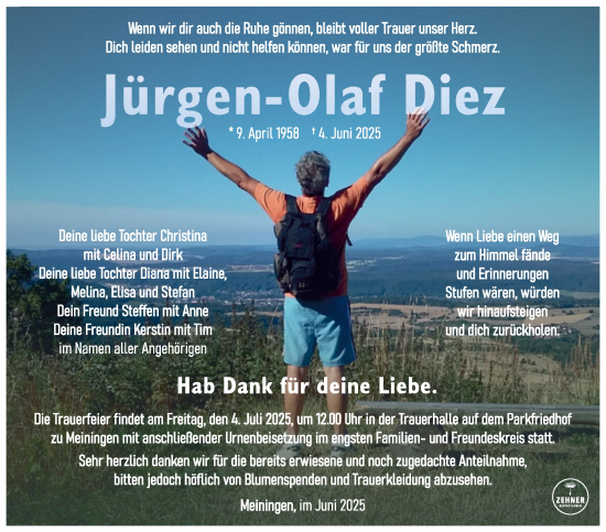 Traueranzeige von Jürgen-Olaf Diez von Südthüringer Presse