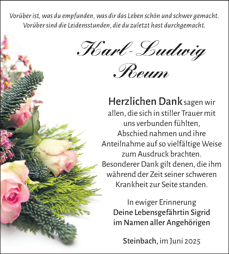  Traueranzeige für Karl-Ludwig Reum vom 06.06.2025 aus Südthüringer Presse