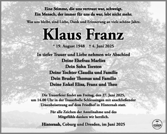 Traueranzeige von Klaus Franz von Südthüringer Presse