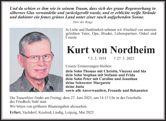 Traueranzeige von Kurt von Nordheim von Südthüringer Presse