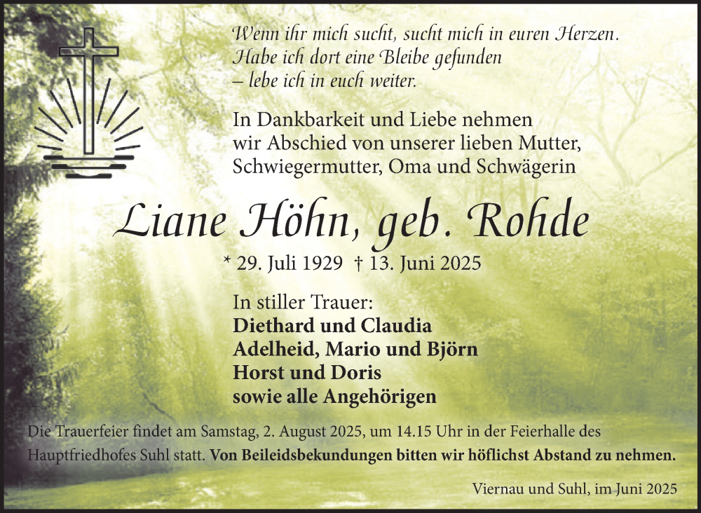  Traueranzeige für Liane Höhn vom 28.06.2025 aus Südthüringer Presse