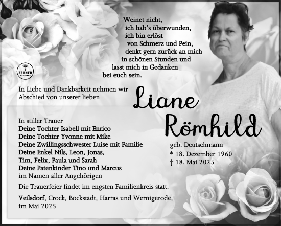 Traueranzeige von Liane Römhild von Südthüringer Presse
