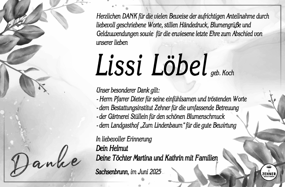  Traueranzeige für Lissi Löbel vom 28.06.2025 aus Südthüringer Presse