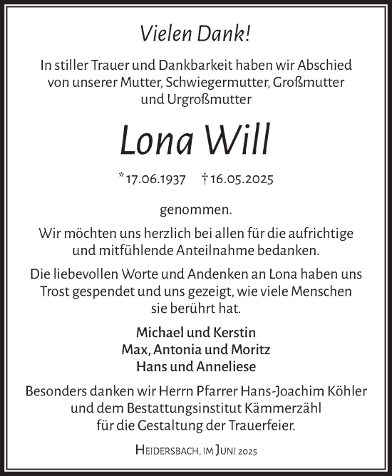 Traueranzeige von Lona Will von Südthüringer Presse