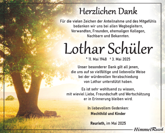 Traueranzeige von Lothar Schüler von Südthüringer Presse