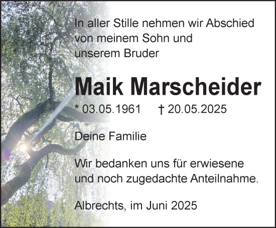 Traueranzeige von Maik Marscheider von Südthüringer Presse