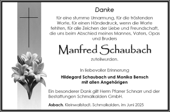 Traueranzeige von Manfred Schaubach von Südthüringer Presse