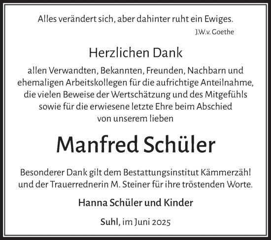 Traueranzeige von Manfred Schüler von Südthüringer Presse