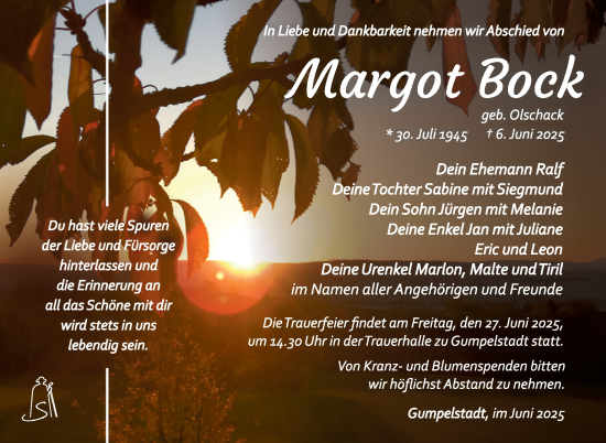 Traueranzeige von Margot Bock von Südthüringer Presse