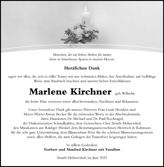 Traueranzeige von Marlene Kirchner von Südthüringer Presse
