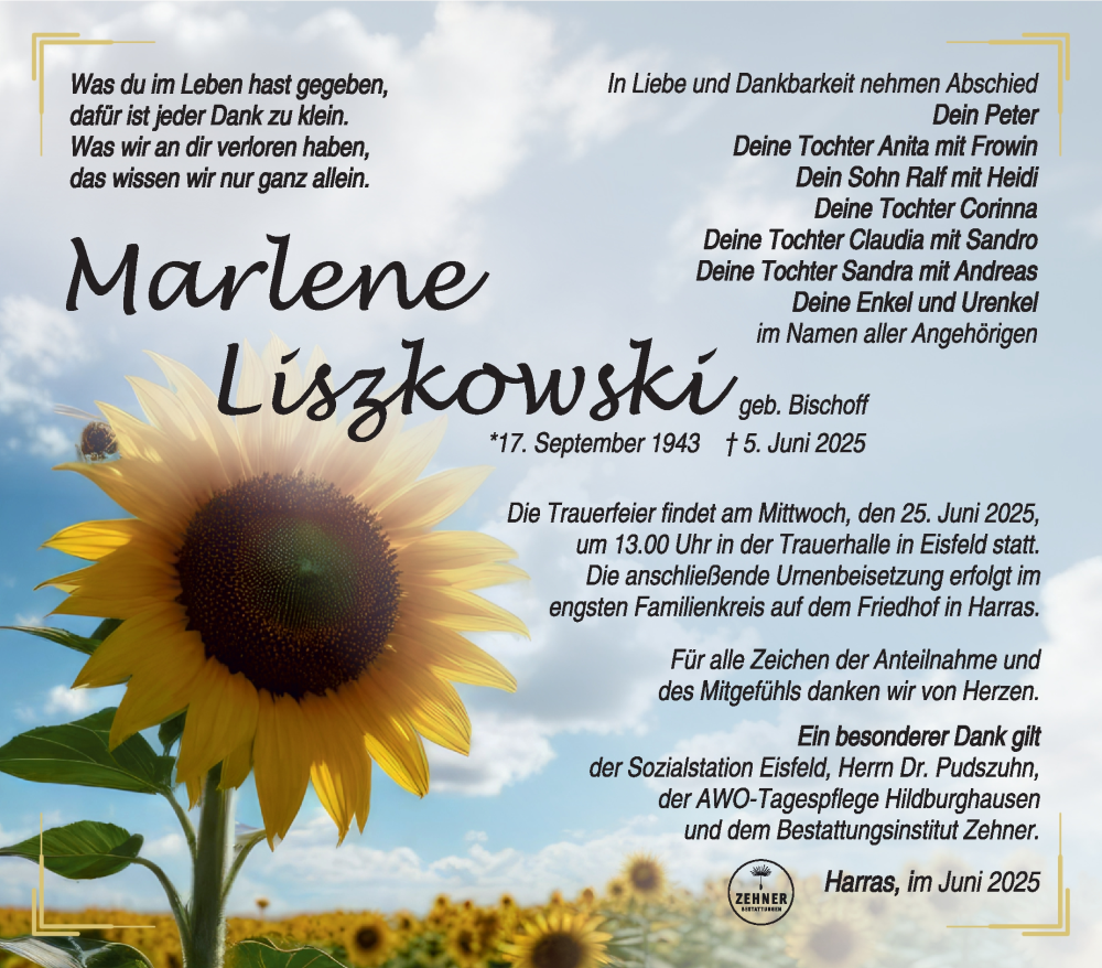  Traueranzeige für Marlene Liszkowski vom 21.06.2025 aus Südthüringer Presse