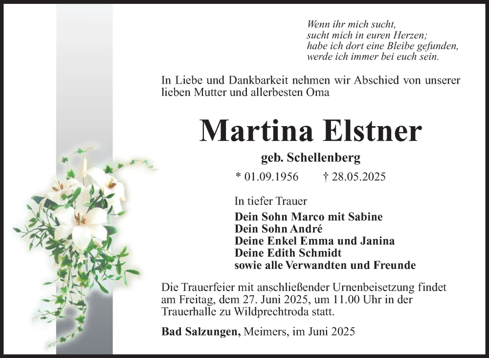  Traueranzeige für Martina Elstner vom 21.06.2025 aus Südthüringer Presse