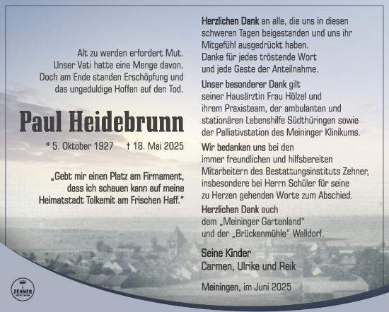 Traueranzeige von Paul Heidebrunn von Südthüringer Presse