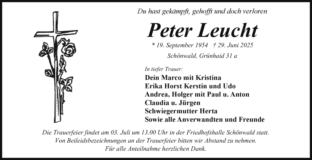  Traueranzeige für Peter Leucht vom 01.07.2025 aus Frankenpost
