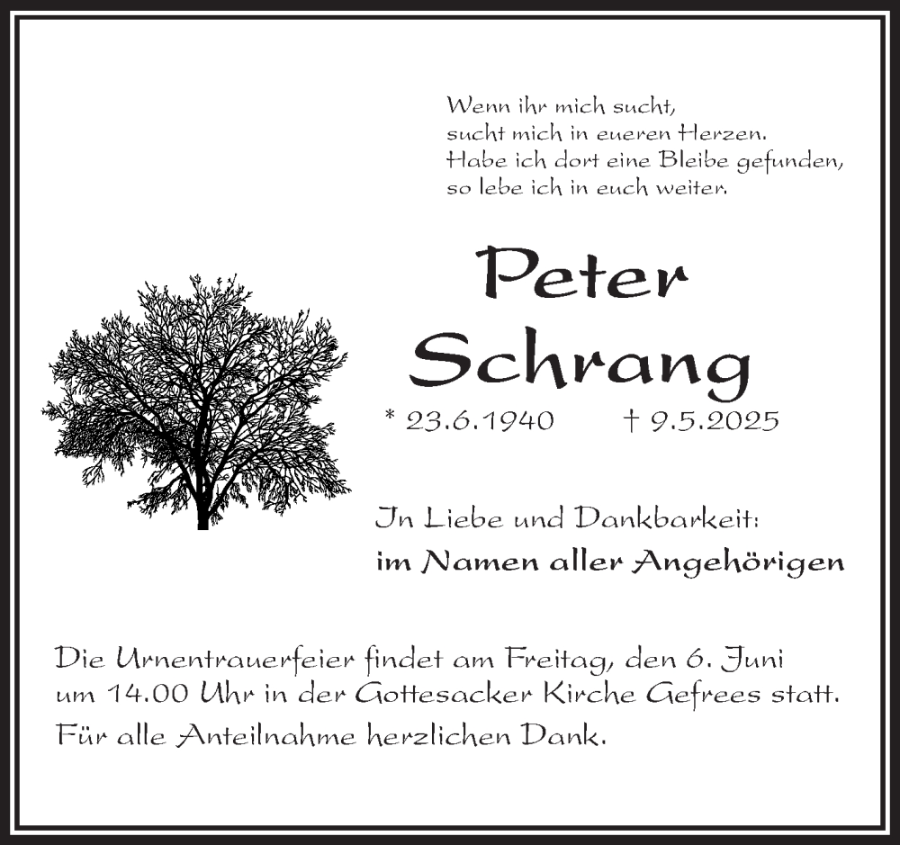  Traueranzeige für Peter Schrang vom 03.06.2025 aus Frankenpost