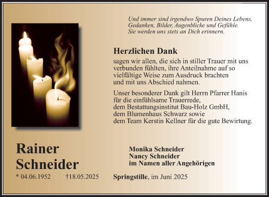 Traueranzeige von Rainer Schneider von Südthüringer Presse