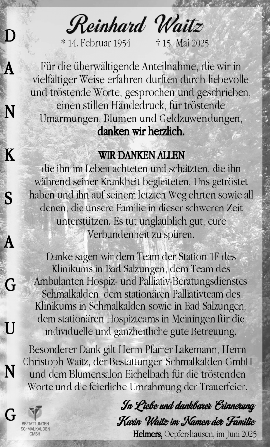 Traueranzeige von Reinhard Waitz von Südthüringer Presse