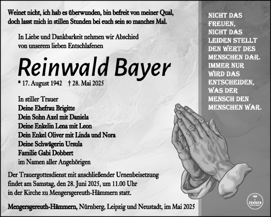 Traueranzeige von Reinwald Bayer von Südthüringer Presse