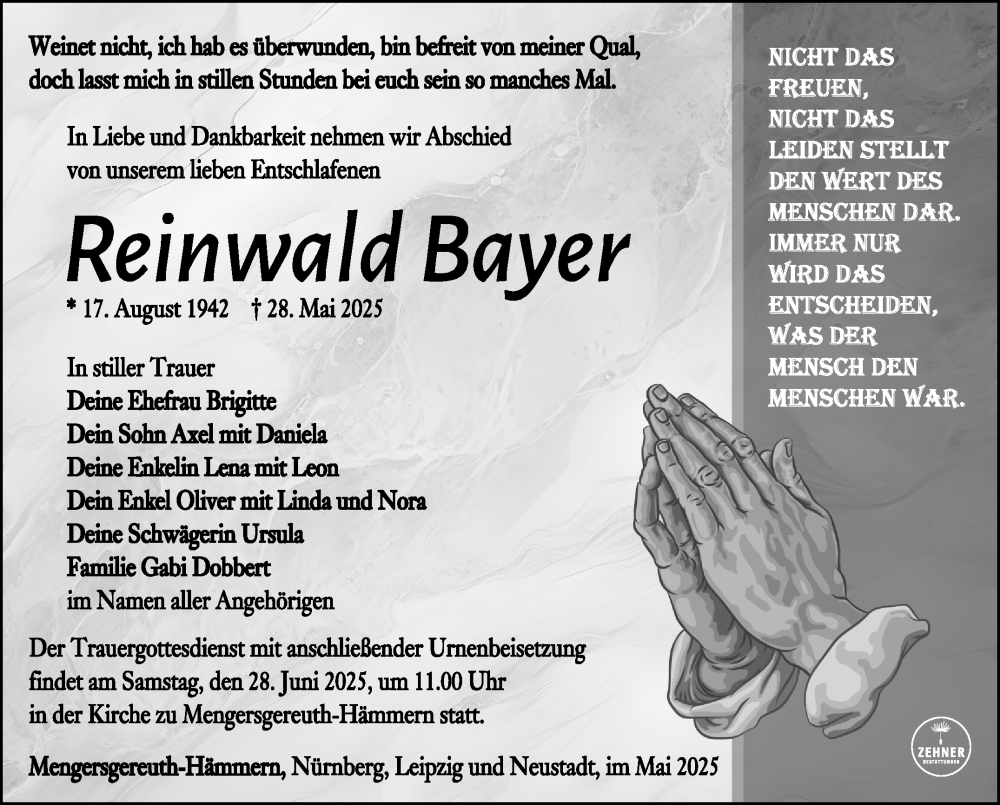  Traueranzeige für Reinwald Bayer vom 21.06.2025 aus Südthüringer Presse