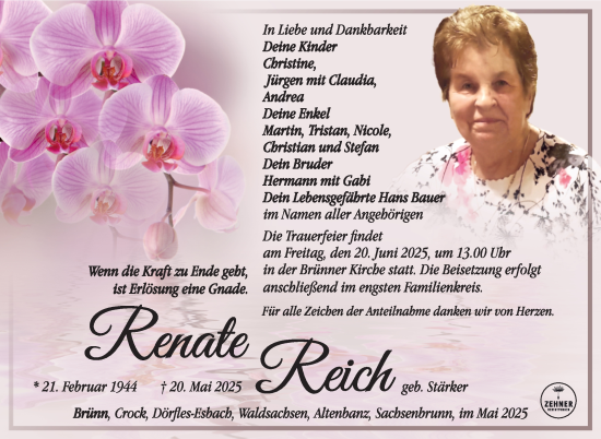 Traueranzeige von Renate Reich von Südthüringer Presse
